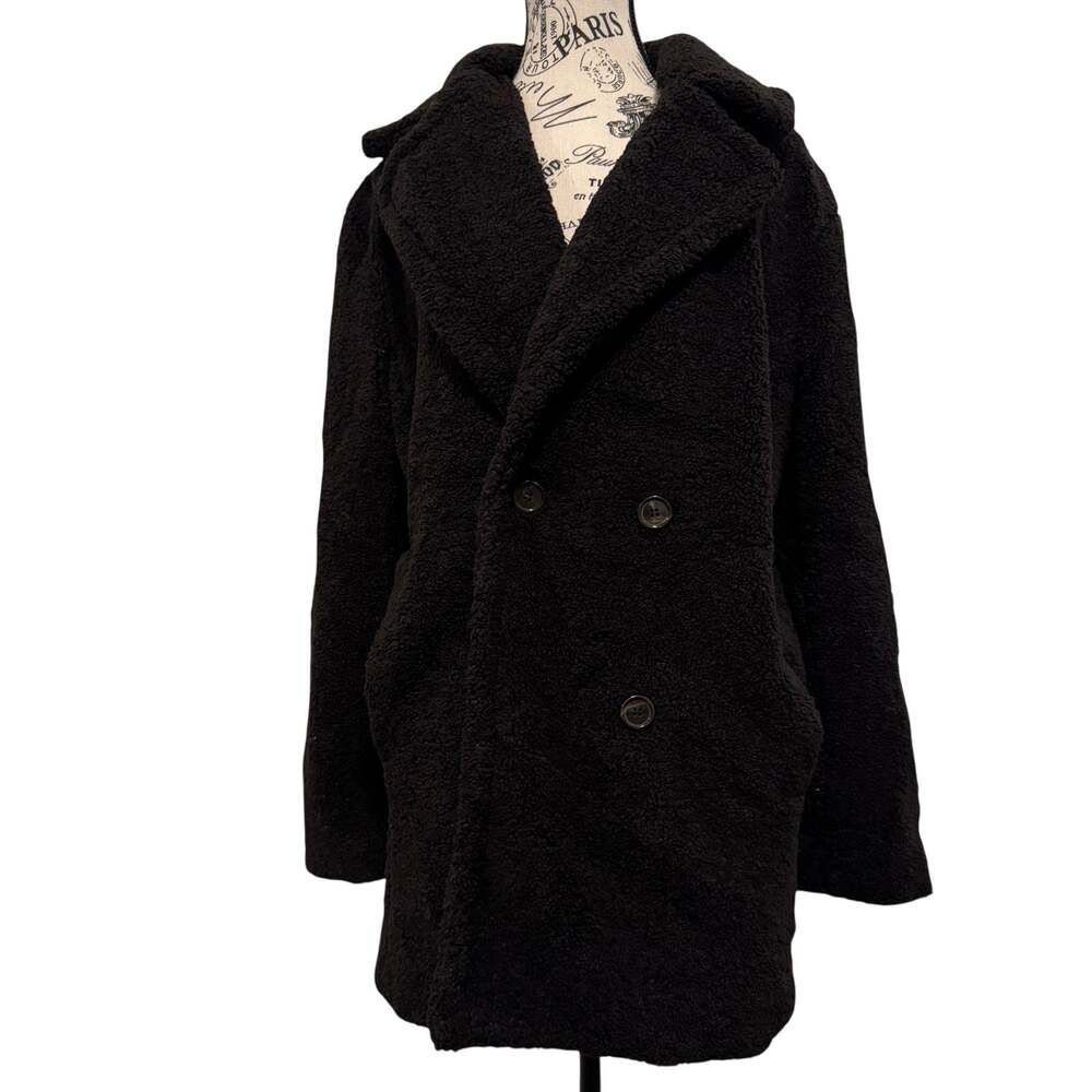 kensie Black Boucle Sherpa Teddy Peacoat Womens Medium Double Breasted Car Coat